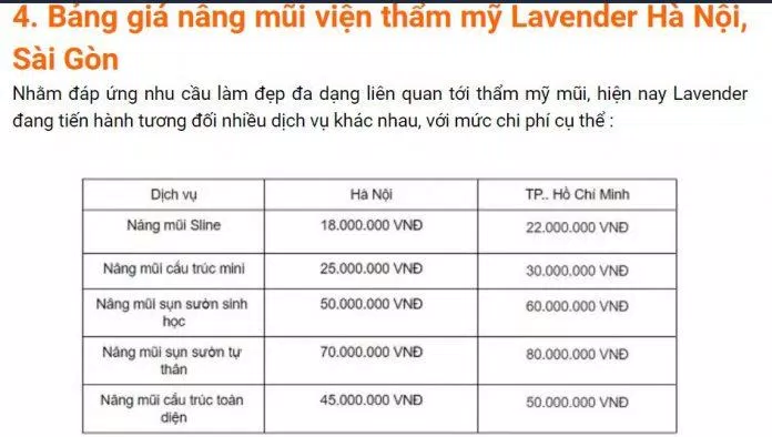 Bảng giá dịch vụ nâng mũi tại thẩm mỹ viện Lavender (nguồn: internet)