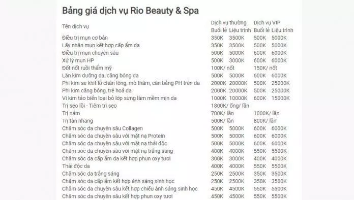 Bảng giá dịch vụ tại Rio Beauty Spa (nguồn: internet)