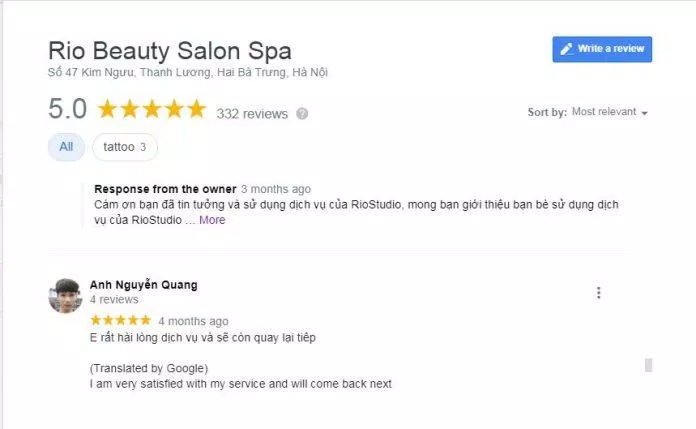 Đánh giá của khách hàng về Rio Beauty Salon Spa (nguồn: BlogAnChoi)